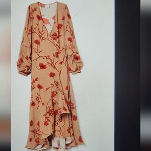 Johanna Ortiz Red and Tan Asymmetrical Wrap Dress